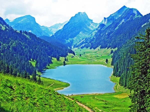 Alpejskie Jezioro Samtisersee Paśmie Górskim Alpstein Regionu Appenzellerland Kanton Appenzell — Zdjęcie stockowe