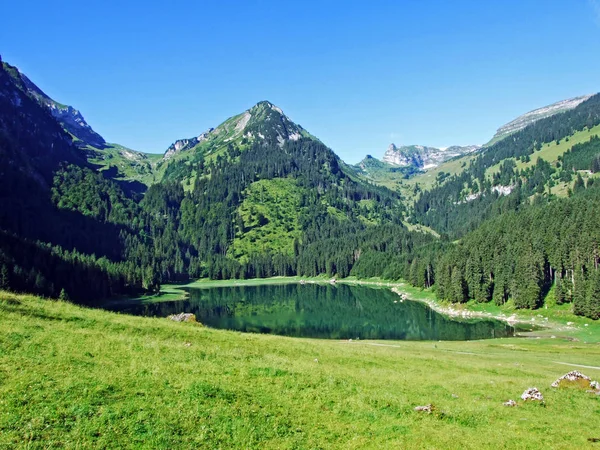 位于莱茵河谷 Rine Valen 的渡过村上方的 Alpine Lake Voralpsee 瑞士圣加仑州 — 图库照片
