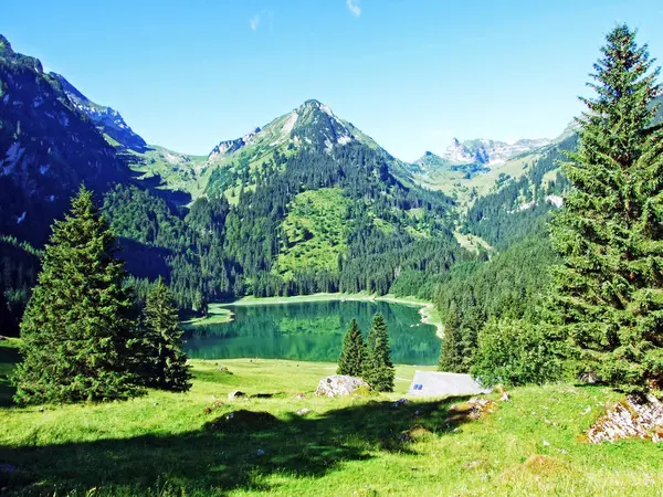 Alpské Jezero Voralpsee Nad Vesnicí Chytne Porýní Valley Kantonu Gallen — Stock fotografie