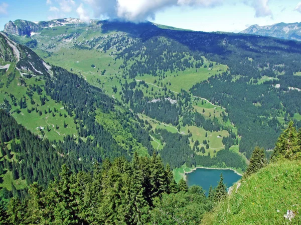 位于莱茵河谷 Rine Valen 的渡过村上方的 Alpine Lake Voralpsee 瑞士圣加仑州 — 图库照片