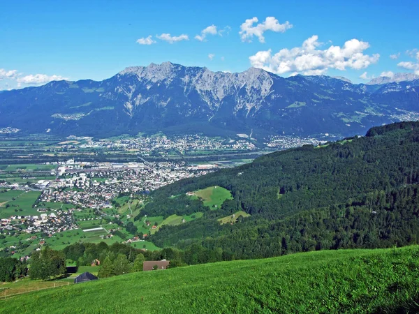 Zobrazit Řece Údolí Rýna Rheintal Alviergruppe Pohoří Kantonu Gallen Švýcarsko — Stock fotografie