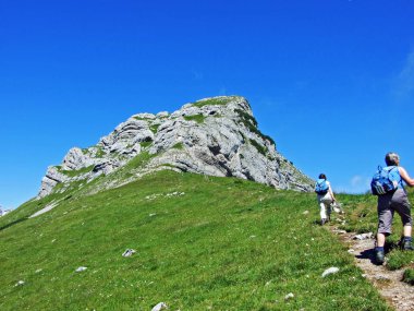 Dağ yürüyüşçüler üzerinde dağ tepe Margelchopf Alviergruppe dağ silsilesi - Canton St. Gallen, İsviçre
