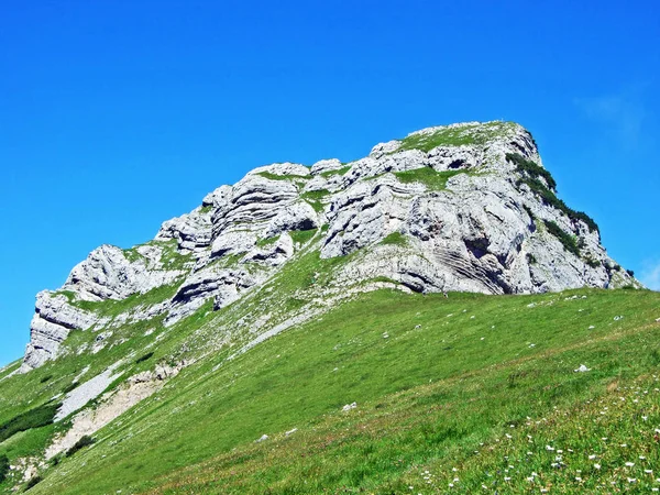 Mountain hikers on the alpine peak of Margelchopf and in the Alviergruppe mountain range - Canton of St. Gallen, Switzerland