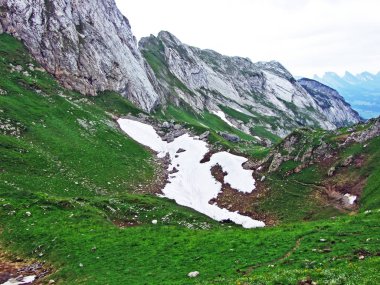Alpine mera ve çayırlar Alpstein dağ yamaçlarında nehir düşündüklerini Vadisi'nde - St. Gallen Kanton ve Appenzell Innerrhoden, İsviçre