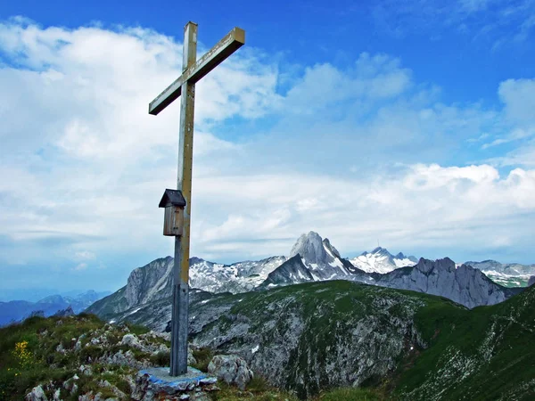 Met Gras Begroeide Piek Mutschen Alpstein Bergketen Kanton Gallen Zwitserland — Stockfoto