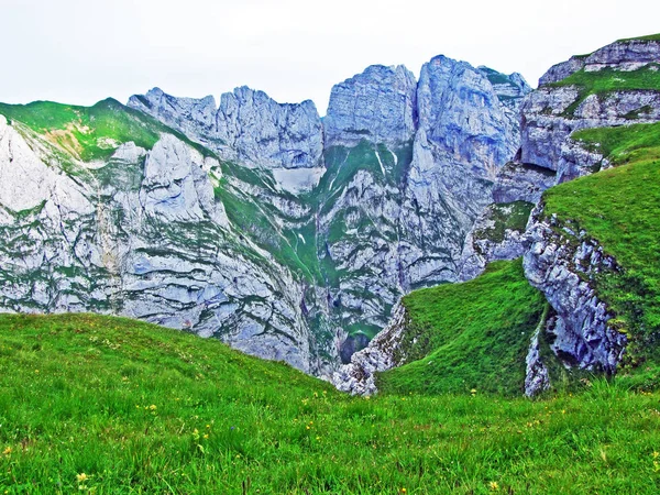 Шипичные Альпийские Вершины Фахлентурма Фалленшафберга Горном Хребте Альпштайн Кантон Аппенцелль — стоковое фото