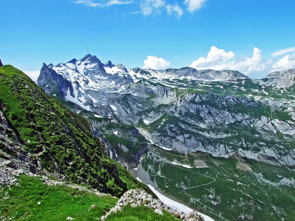 Alpejskie Krajobrazy Skaliste Szczyty Pasma Górskiego Alpstein Kantony Gallen Appenzell — Zdjęcie stockowe