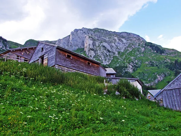 川木谷 ザンクト ガレンのカントン スイス連邦共和国 Alpstein 山脈の斜面に農村部の伝統的な建築と畜産農場 — ストック写真