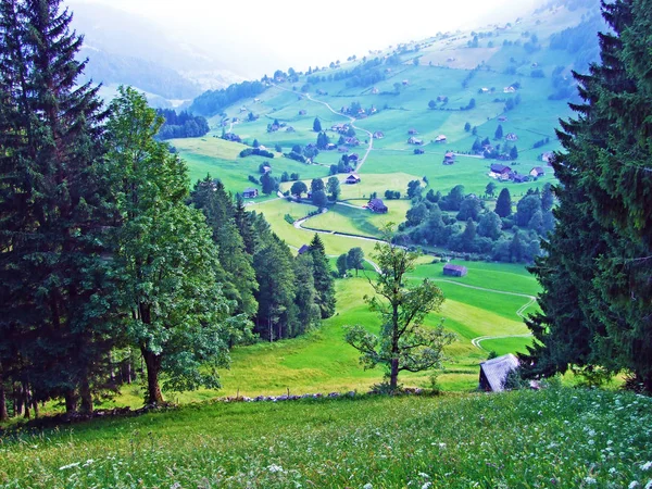 Landsbygdens Traditionella Arkitektur Och Boskap Gårdar Sluttningarna Alpstein Bergskedja Och — Stockfoto