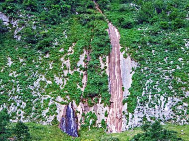 Karstik kaynak ve şelale Santisthur akışı veya Santisthur Quelle und Wasserfall - Canton St. Gallen, İsviçre