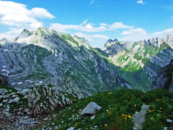 Paesaggio Alpino Cime Rocciose Della Catena Montuosa Alpstein Cantoni San — Foto Stock