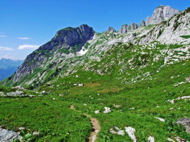 Alpine mera ve çayırlar Alpstein dağ yamaçlarında nehir düşündüklerini Vadisi'nde - St. Gallen Kanton ve Appenzell Innerrhoden, İsviçre