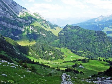Ağaçlar ve herdem yeşil ormanlar pistlerinin Alpstein dağ ve nehir düşündüklerini Vadisi'nde - St. Gallen Kanton ve Appenzell Innerrhoden, İsviçre