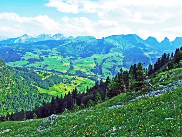 Nehirde Alpstein dağ silsilesi - Canton St. Gallen, İsviçre vadiden düşündüklerini görüntülemek