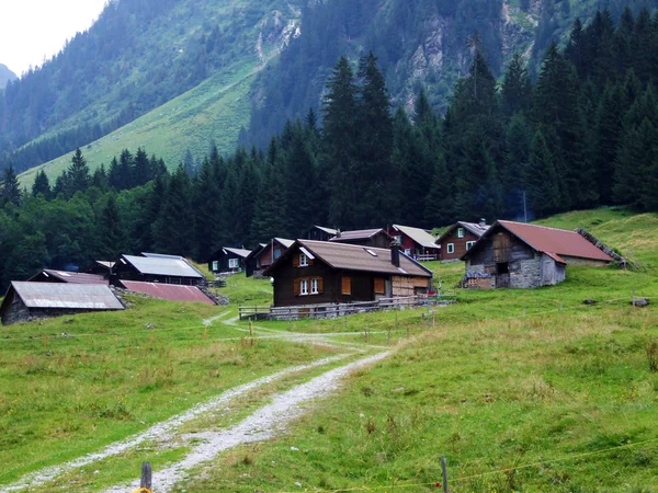 Landelijke Traditionele Architectuur Veeteeltbedrijven Maderanertal Alpine Valley Kanton Uri Zwitserland — Stockfoto