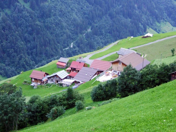 Landsbygdens Traditionella Arkitektur Och Gårdar Boskap Maderanertal Alpina Dalen Canton — Stockfoto