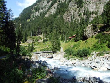 Maderanertal Alpine vadisindeki Charstelenbach akarsu üzerinde ahşap yollar ve köprüler-Uri Kantonu, Isviçre