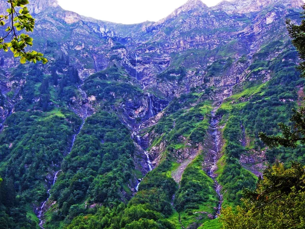 Seasonal Waterfalls Tributaries Jetzbach Stream Alpine Valley Loch Canton Glarus — Stock Photo, Image