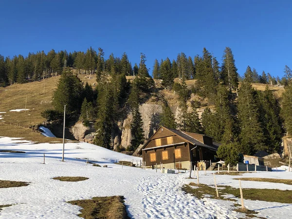 古い伝統的な建築と斜面にリギ山 ルツェルン州 シュヴィーツ州 スイスの農家 — ストック写真