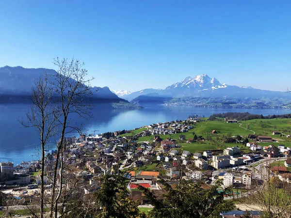 Village Weggis Sur Rive Lac Des Quatre Cantons Vierwaldstatersee Montagne — Photo