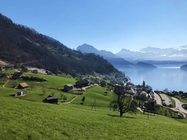 Pueblo Weggis Orilla Del Lago Lucerna Lago Los Cuatro Asentamientos —  Fotos de Stock