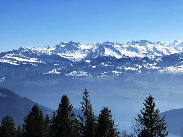 从里吉山 瑞士卢塞恩州 卢塞恩州 施魏兹 的背景来看卢塞恩湖 维耶瓦尔德斯塔尔湖 和瑞士阿尔卑斯山 — 图库照片