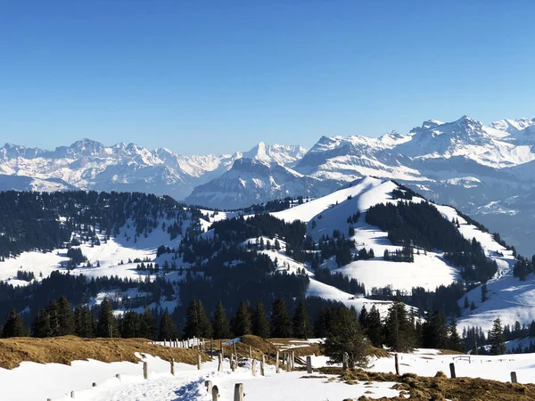 Uma Vista Cobertura Neve Primavera Nos Alpes Suíços Montanha Rigi — Fotografia de Stock