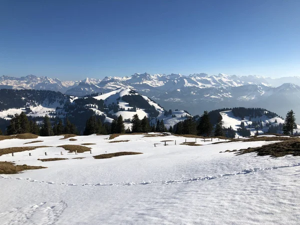 Snötäcket Mount Rigi Och Alplandskap Tidigt Våren Cantonsna Luzern Och — Stockfoto