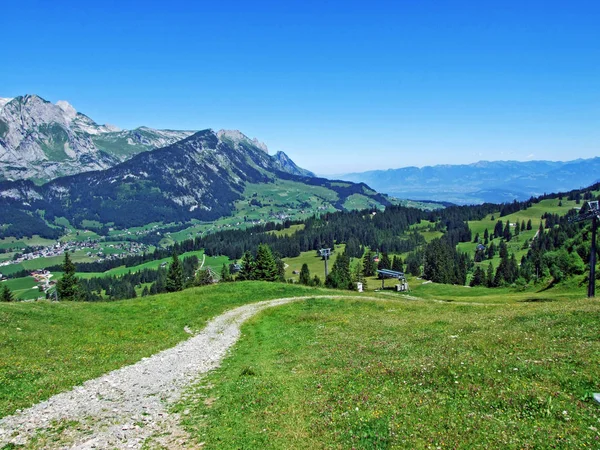 高山の牧草地と Alviergruppe ザンクト ガレンのカントン スイス連邦共和国の斜面の牧草地 — ストック写真