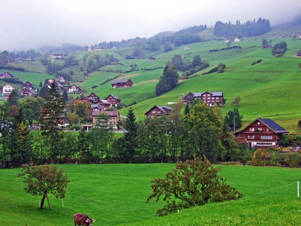 Tradycyjna Architektura Typowej Górskiej Wioski Regionie Obertoggenburg Stein Canton Gallen — Zdjęcie stockowe