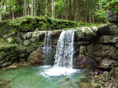 Cascades ve Zen yerleşim ve Obertoggenburg bölgesinde Alpin dere Durrenbach üzerinde yapay şelaleler-St Gallen, Isviçre