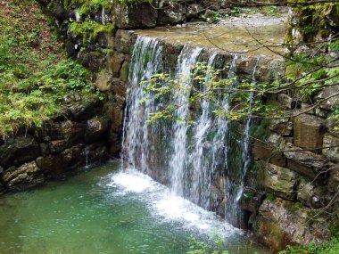 Cascades ve Zen yerleşim ve Obertoggenburg bölgesinde Alpin dere Durrenbach üzerinde yapay şelaleler-St Gallen, Isviçre