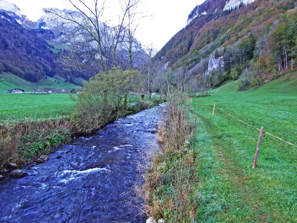 アペンツェレルランド地域のアルプスの流れシュヴェンデバッハとアルプシュタイン山脈の斜面の下 アッペンツェル インナーローデン の広州 スイス — ストック写真