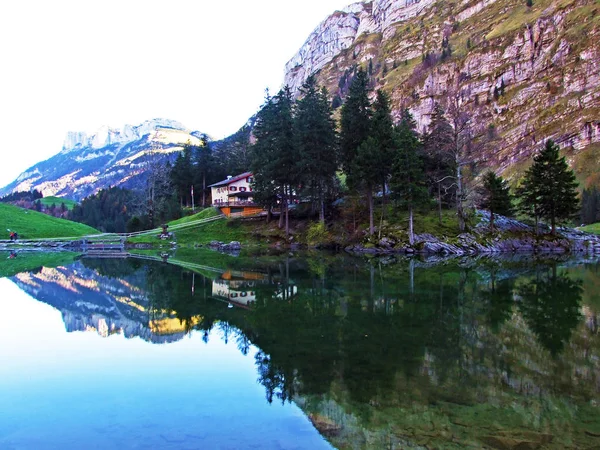Lac Alpin Seealpsee Dans Chaîne Montagnes Alpstein Dans Région Appenzellerland — Photo