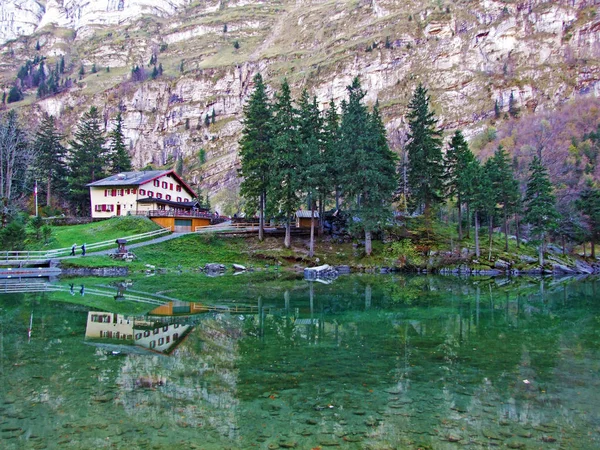 Alpský Jezero Seealpsee Pohoří Alpstein Oblasti Appenzellerland Kanton Appenzell Innerrhoden — Stock fotografie