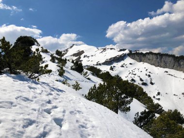 Alpstein sıradağları ve Appenzellerland bölgesinde ilkbaharın başlarında kar örtüsü - Appenzell Innerrhoden Kantonu (Ai), İsviçre