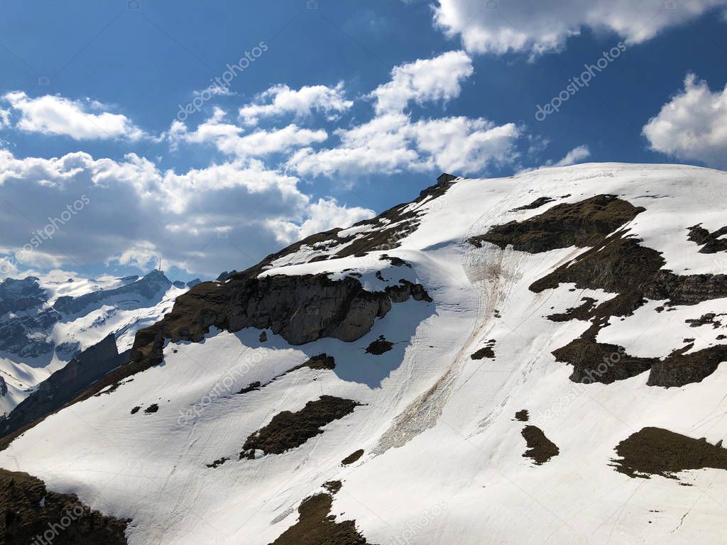 Snow-covered alpine peak Schfler (Schafler od Schaefler) in mountain range Alpstein - Canton of Appenzell Innerrhoden (AI), Switzerland