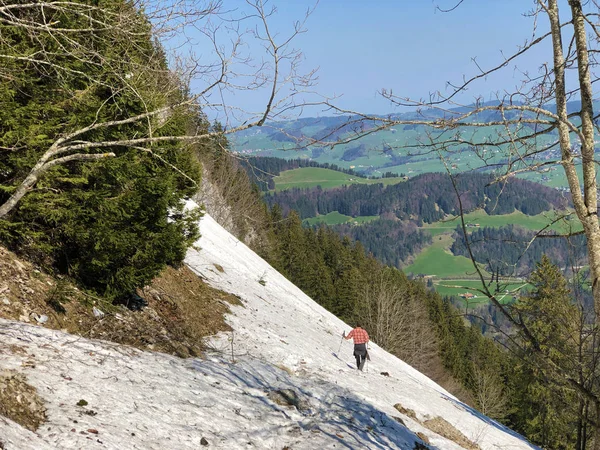 Mountain hikers in the Appenzellerland region and Alpstein mountain range - Canton of Appenzell Innerrhoden (AI), Switzerland