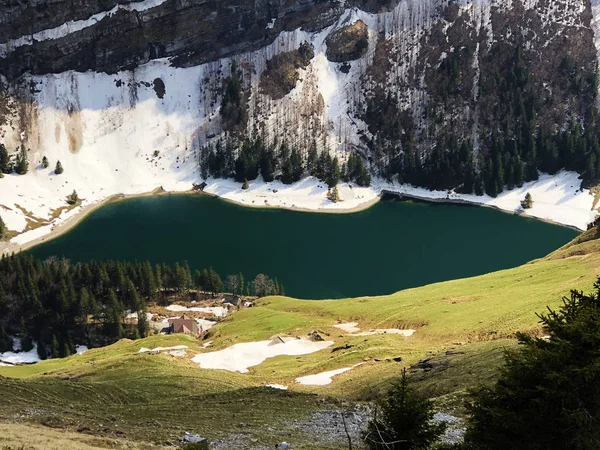 Lago Alpino Seealpsee Nella Catena Montuosa Alpstein Nella Regione Appenzellerland — Foto Stock