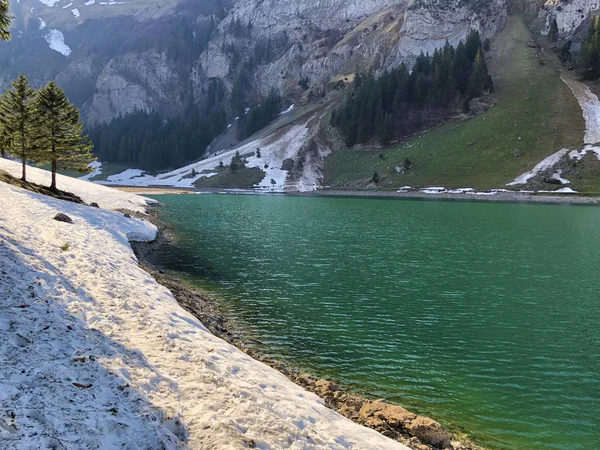 Lago Alpino Seealpsee Cordilheira Alpstein Região Appenzellerland Cantão Appenzell Innerrhoden — Fotografia de Stock