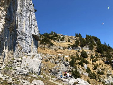 Fuessler uçurum veya Fuessler-Felsen (Fuessler-Felsen veya Fuessler-Felsen) Ebenalp alp tepe ve Appenzellerland bölgesinde - Appenzell Innerrhoden Kantonu (Ai), İsviçre