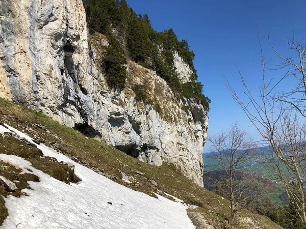 Ascher Cliff Nebo Ascher Felsen Aescher Felsen Pohoří Alpstein Oblasti — Stock fotografie