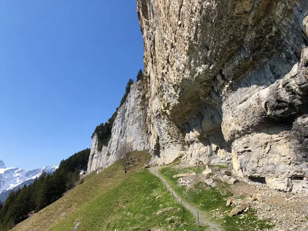 Ascher Cliff Nebo Ascher Felsen Aescher Felsen Pohoří Alpstein Oblasti — Stock fotografie