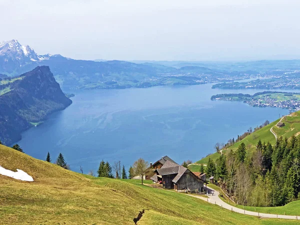 Uitzicht Het Meer Van Luzern Vierwaldstaetersee Zwitserse Alpen Achtergrond Van — Stockfoto