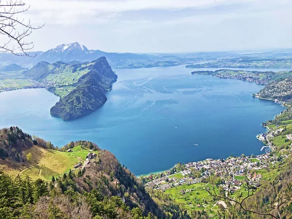 View Lake Lucerne Vierwaldstaetersee Swiss Alps Background Vitznauerstock Peak Canton — Stock Photo, Image