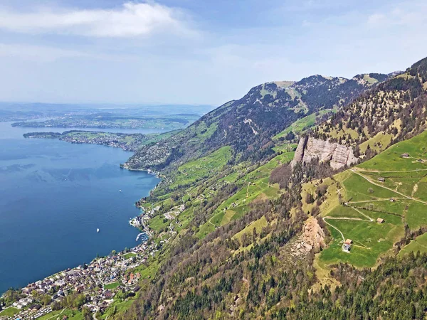 Vista Del Lago Lucerna Vierwaldstaetersee Los Alpes Suizos Fondo Desde —  Fotos de Stock