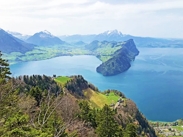 Vista Lago Lucerna Vierwaldstaetersee Dos Alpes Suíços Fundo Pico Vitznauerstock — Fotografia de Stock