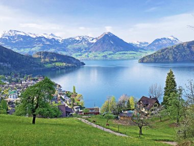 Arka planda Vitznau yerleşim ve İsviçre Alpleri ile Lucerne Gölü veya Vierwaldstaetersee Görünümü - Lucerne Kantonu, İsviçre