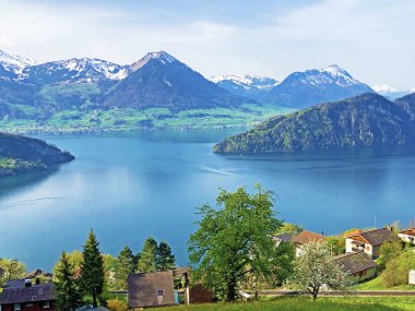Arka planda Vitznau yerleşim ve İsviçre Alpleri ile Lucerne Gölü veya Vierwaldstaetersee Görünümü - Lucerne Kantonu, İsviçre