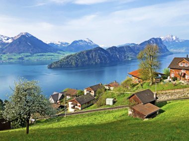 Arka planda Vitznau yerleşim ve İsviçre Alpleri ile Lucerne Gölü veya Vierwaldstaetersee Görünümü - Lucerne Kantonu, İsviçre
